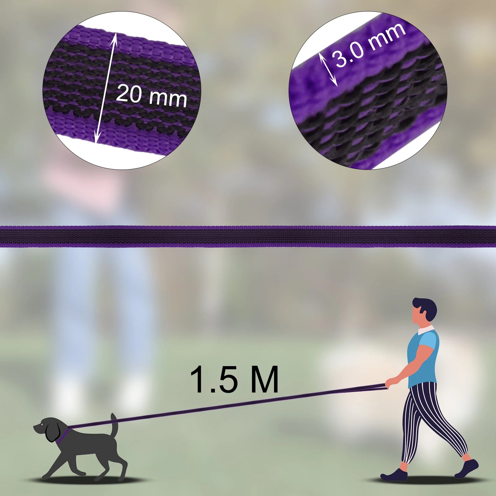 Adjustable dog training leash, 1.5M purple nylon dog leash with 20 mm width and 3.0 mm thickness for easy control