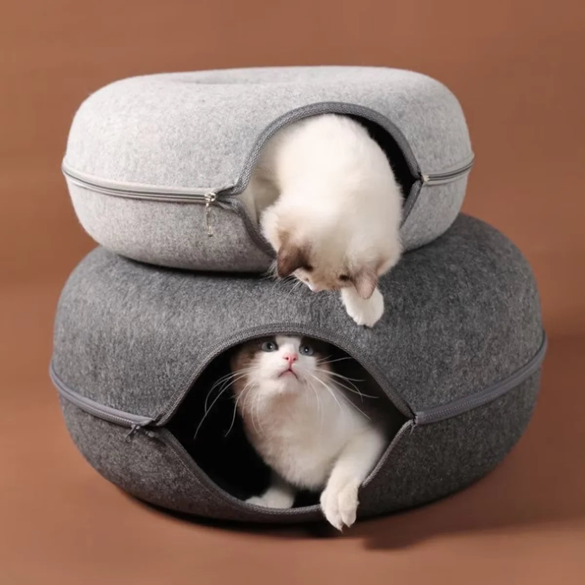 round cat tunnel bed for cats to sleep, hide, and play in a cozy donut-style felt nest