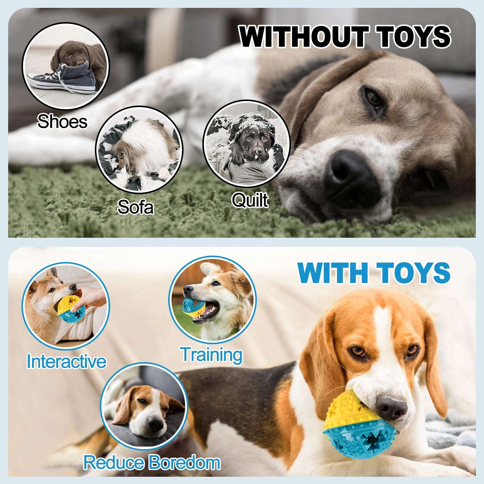Comparison of dogs with and without toys, showing reduced boredom and destructive behavior using interactive dog toys.
