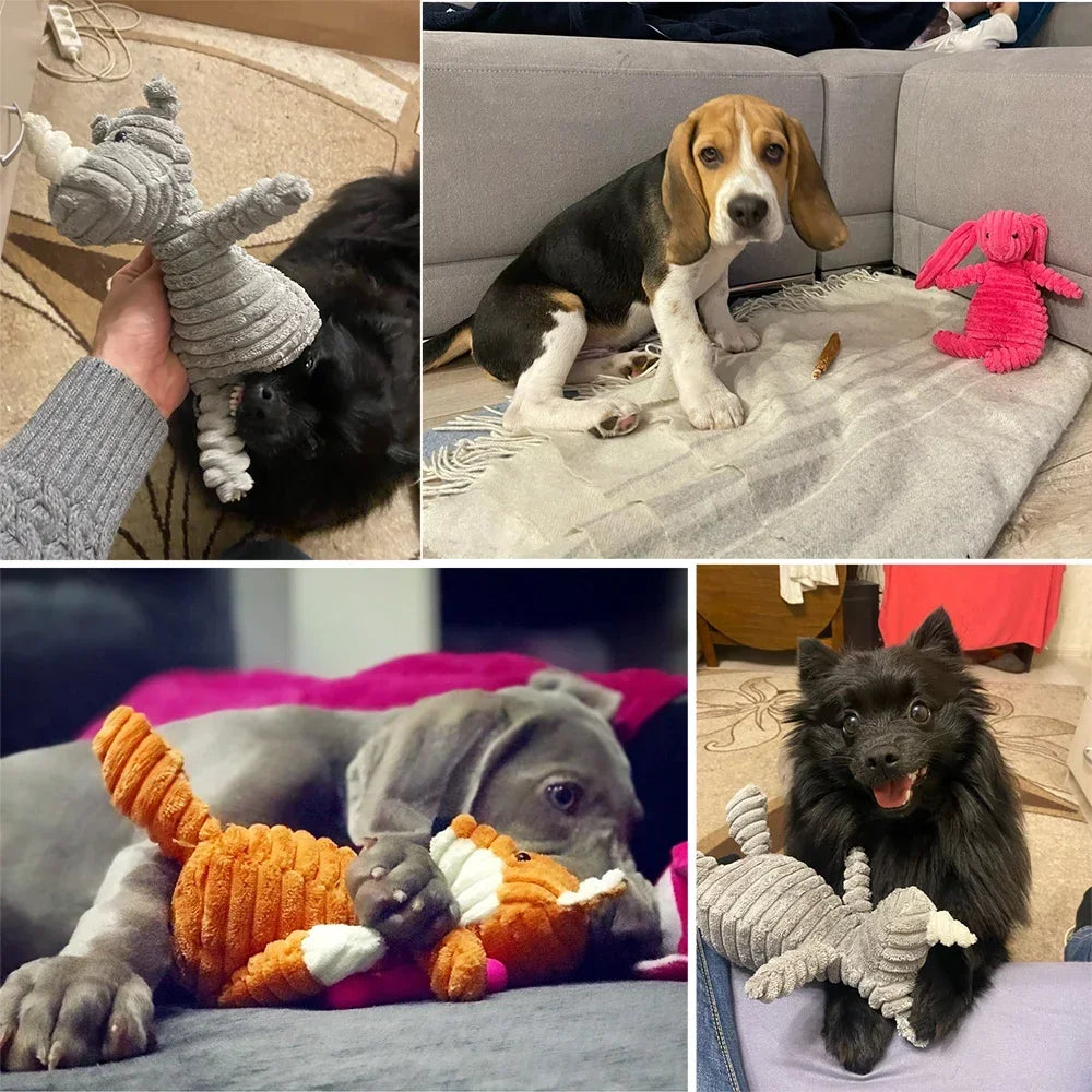 Plush squeaky dog toy in corduroy, bite resistant stuffed animal for small and large dogs, puppy training and play