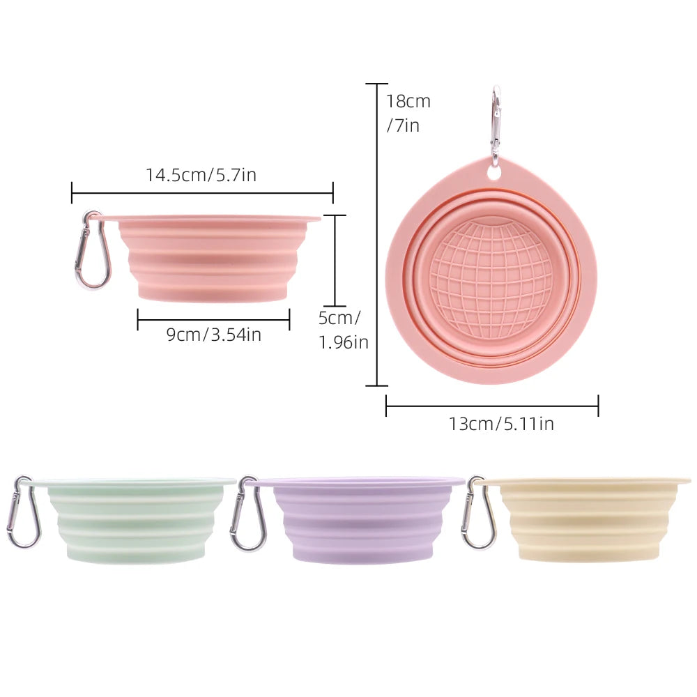 Collapsible pet food water bowl in macaron colors for outdoor travel, portable and folding design with carabiner.