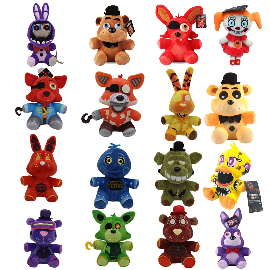 FNAF Freddy plush toy collection with multiple colorful stuffed animal characters for kids birthday gift