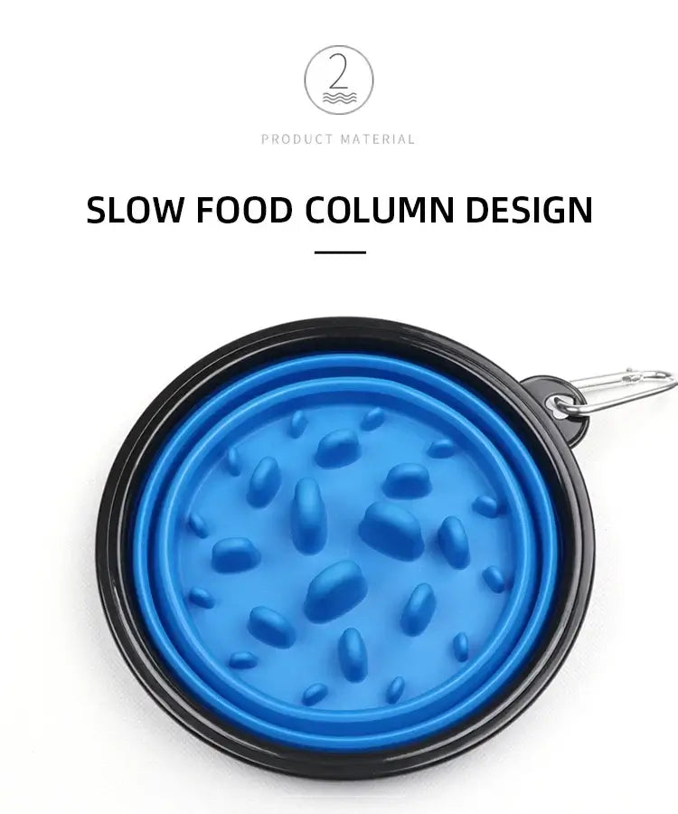 Foldable slow feeder bowl for dogs and cats, portable blue anti-gulping slow food bowl with column design