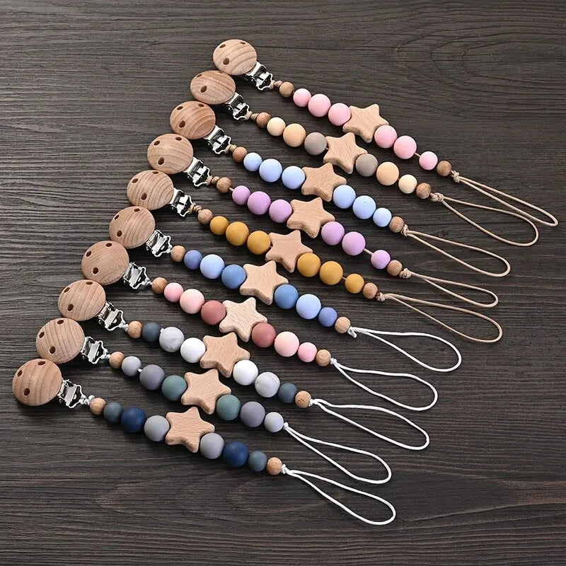 wooden pacifier clip teether with wooden beads and star teether for baby soother and chew toy gift