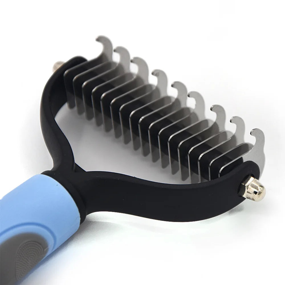dog deshedding brush with stainless steel blades for removing loose pet fur and knots, grooming dogs and cats