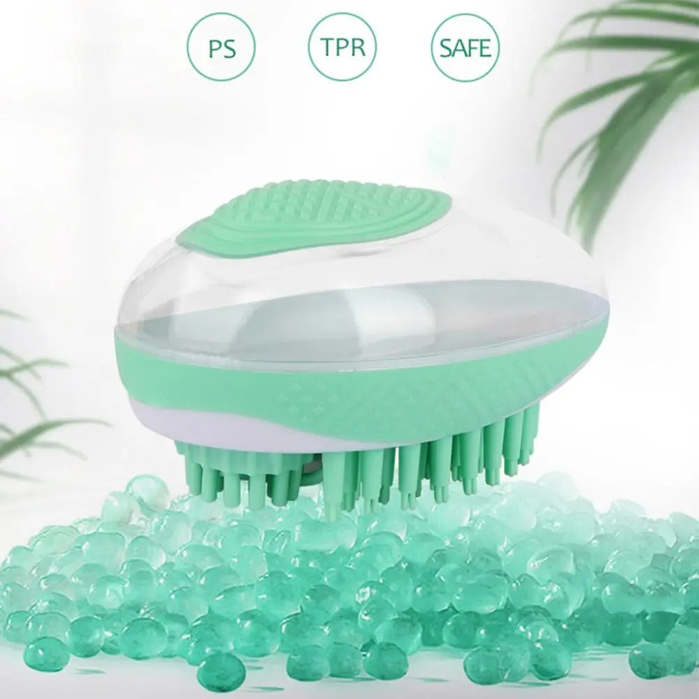 Shampoo dispenser dog bath brush with soft silicone bristles, quiet portable 2-in-1 pet grooming comb for dogs and cats