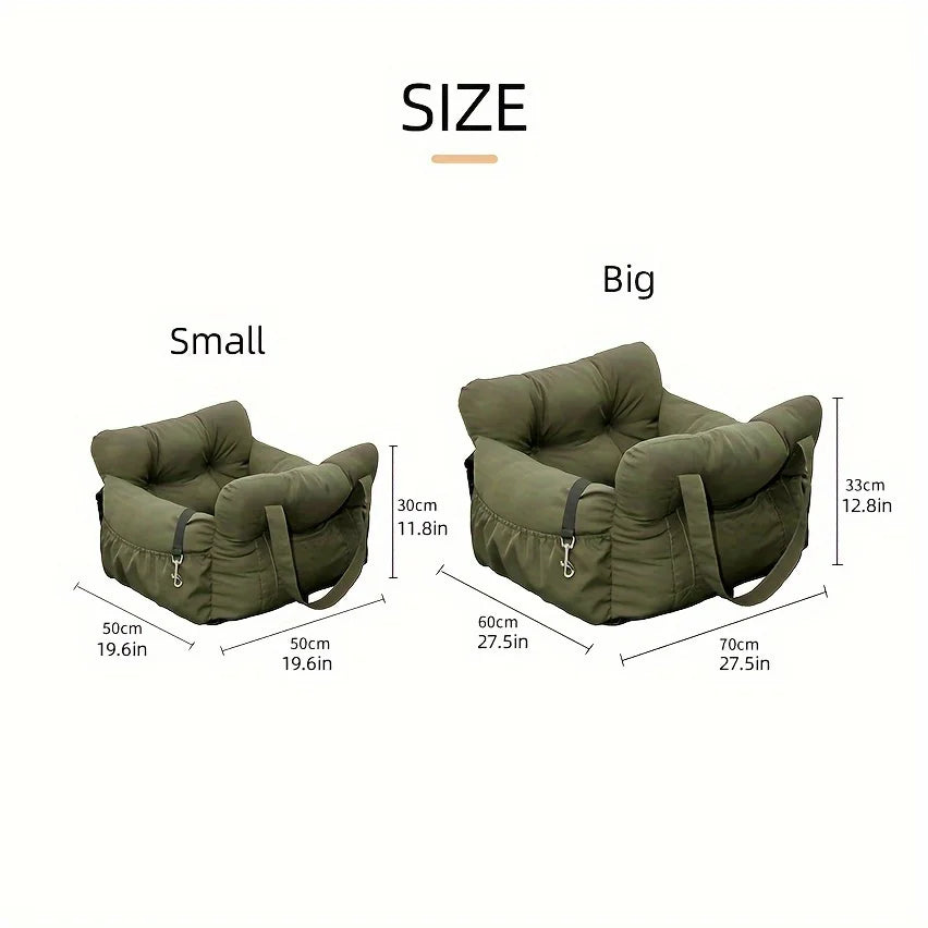 dog car seat with safety belt size chart showing small and big non-slip washable pet car bed for small dogs