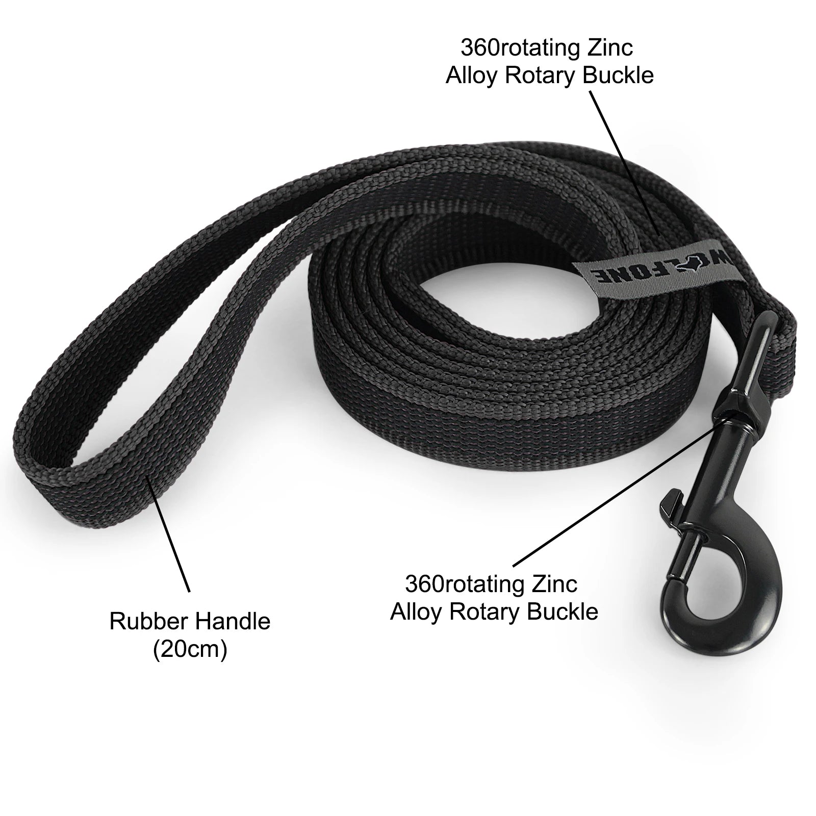 long dog training leash with rubber handle and 360 rotating zinc alloy buckle for easy dog training