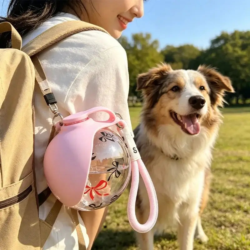 portable dog water bottle with lanyard for outdoor travel, leak-proof spherical pet drinking fountain for dogs and cats