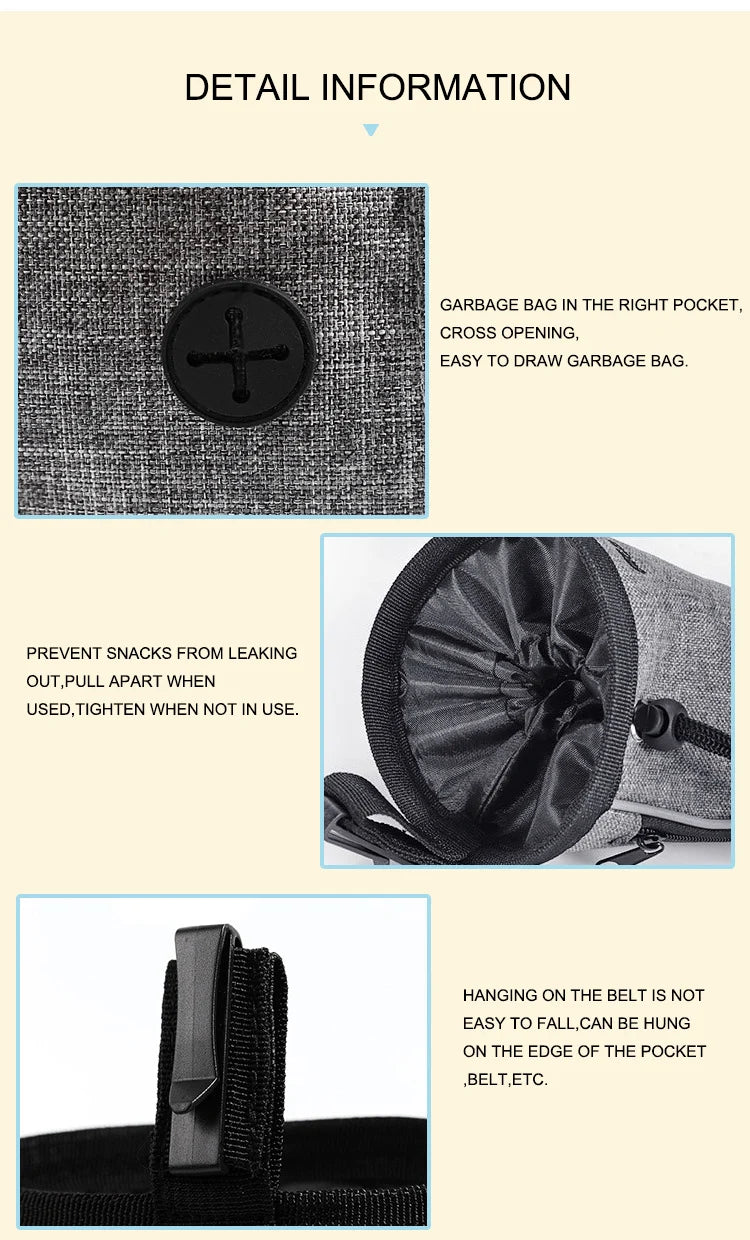 Detail information of Dog Treat Training Pouch Easily Carries Pet Toys, Kibble, Treats Built In Poop Bag Dispenser.
