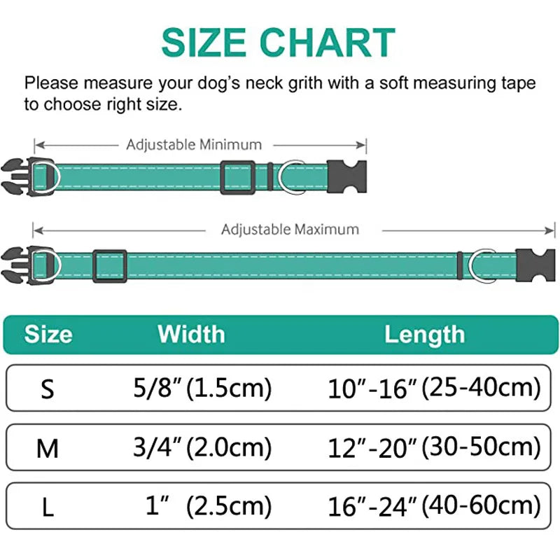 Dog collar size chart showing small, medium, large sizes with adjustable lengths and widths.