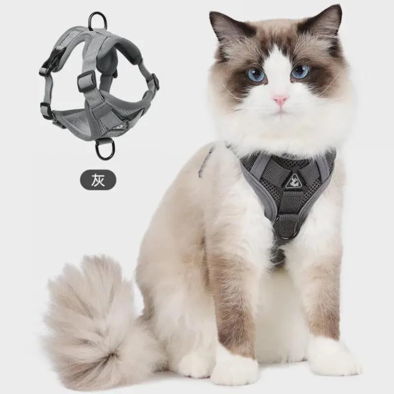 reflective cat harness and leash set for cats, breathable gray mesh pet harness with leash, adjustable safety vest