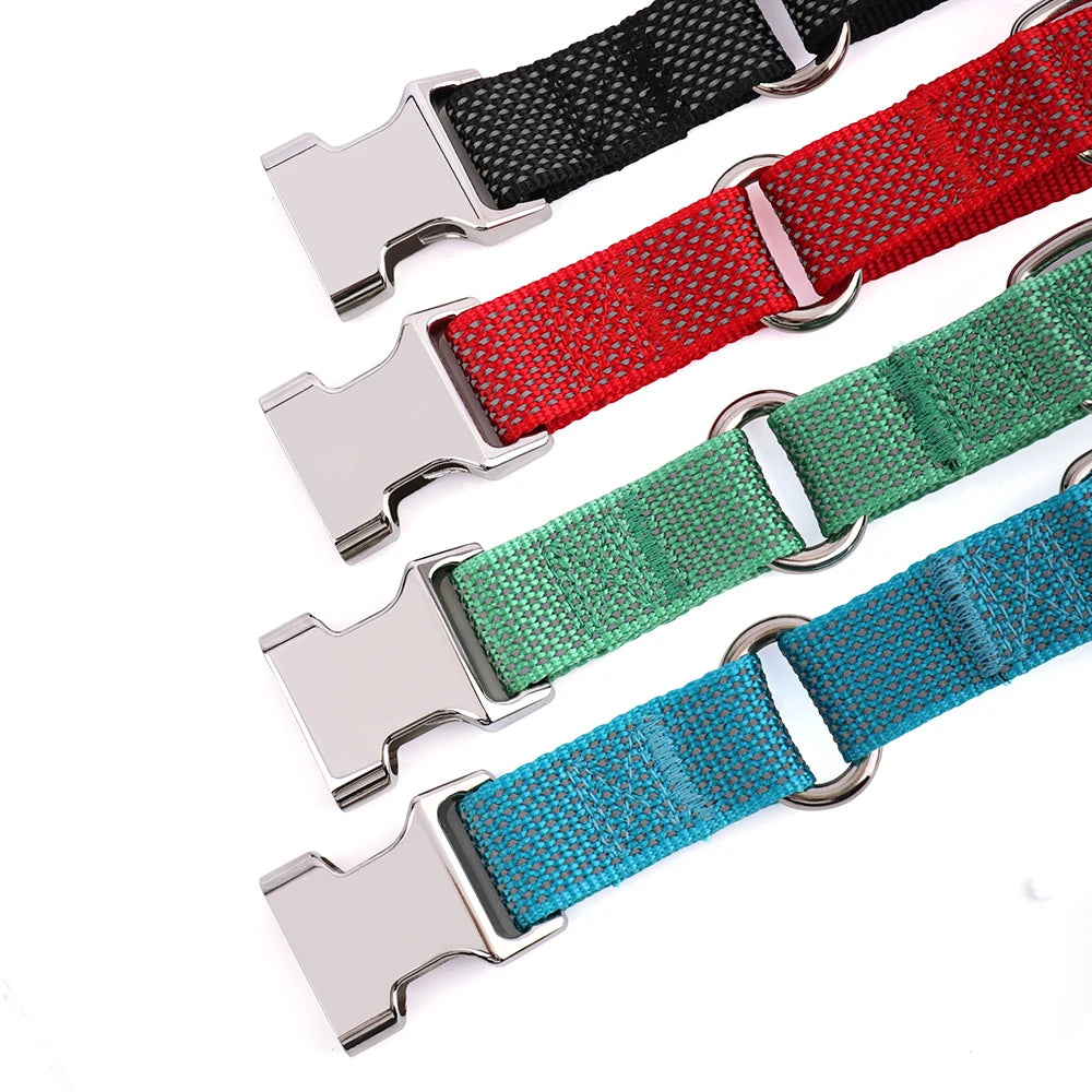 Reflective nylon dog collar with handle, adjustable durable pet training collar in black, red, green, and blue