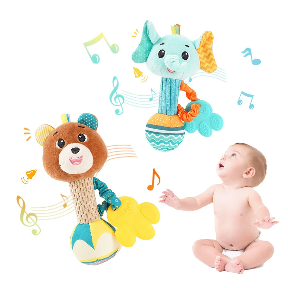 soft baby rattle toy with plush animal hand grips, crinkle squeaky sensory design for newborn and toddler travel