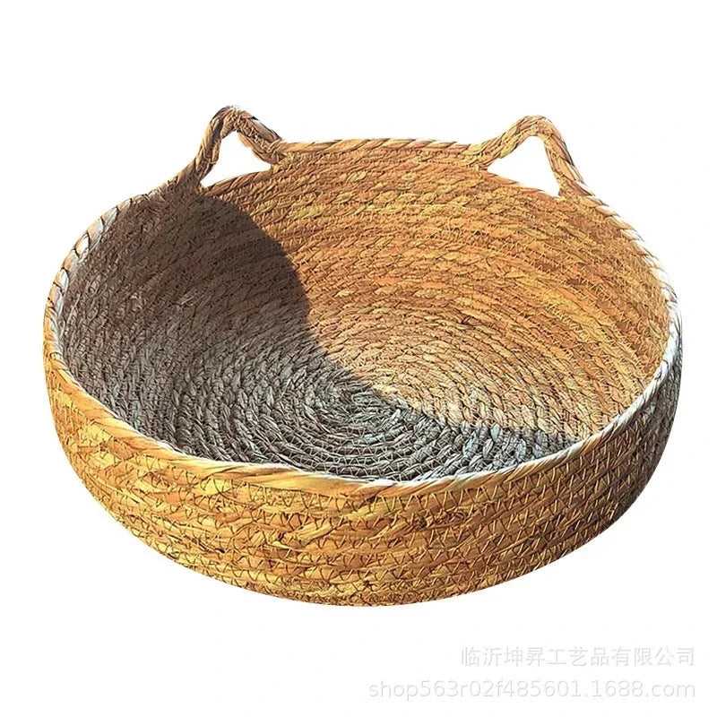 rattan cat basket bed with soft cushion, round donut pet sleeping nest for cats and small dogs