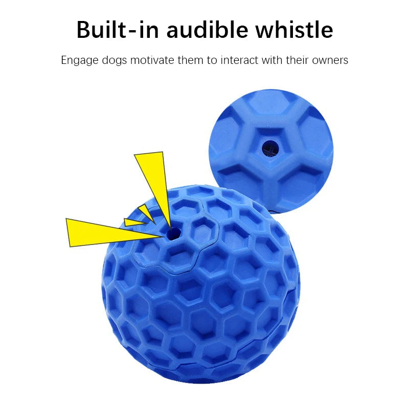 Blue textured dog toy ball with built-in audible whistle feature highlighted