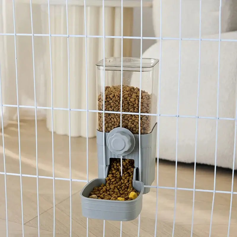 Grey hanging pet feeder and waterer 1.5L plastic cage bowl for small dogs, puppies, cats and rabbits