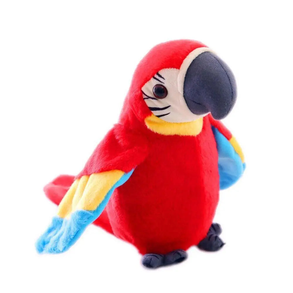 Red talking parrot toy plush bird with soft velvet fabric, colorful wings, and battery-powered interactive voice repeat gift