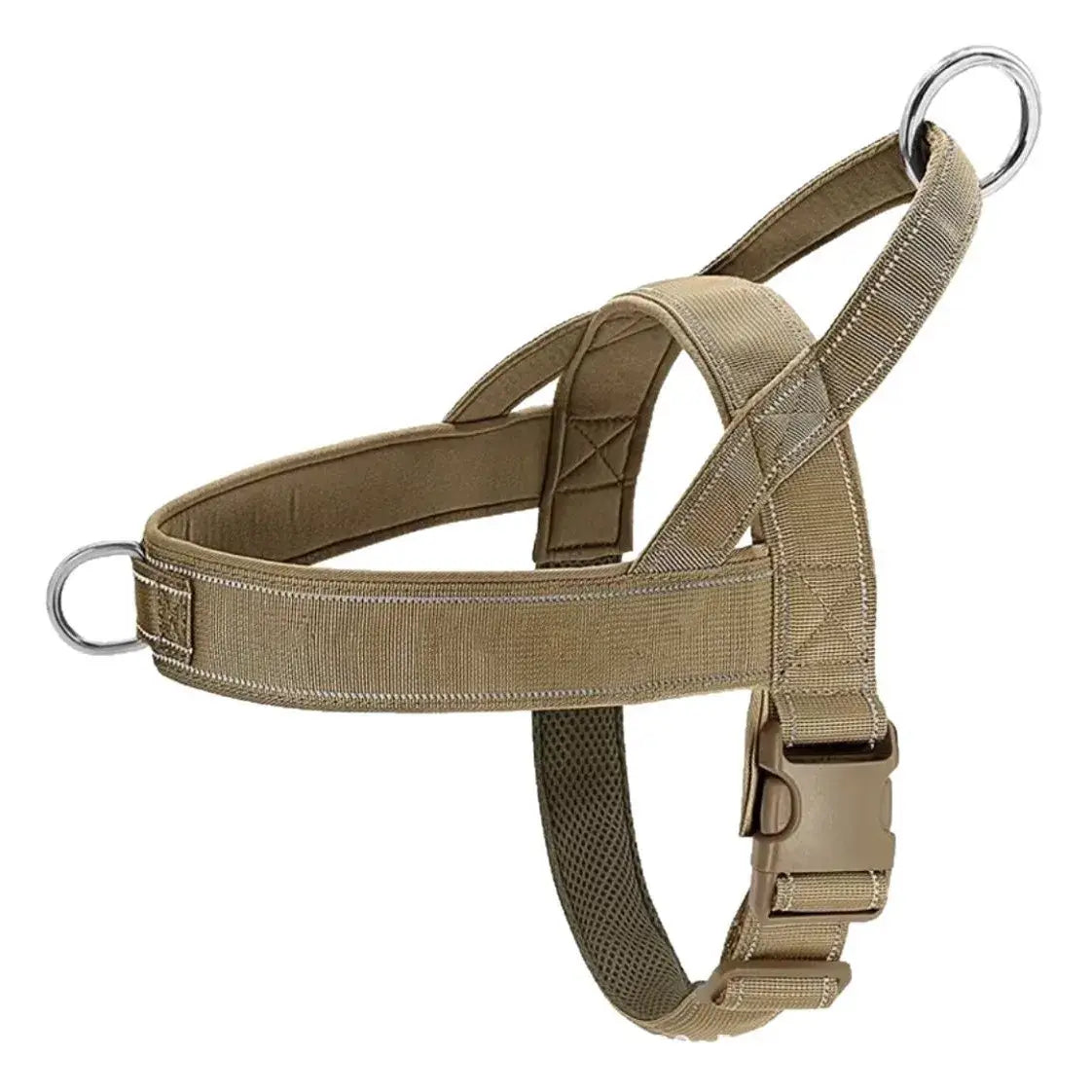 Khaki no-pull dog harness for large dogs, heavy-duty padded reflective vest, adjustable tactical control harness