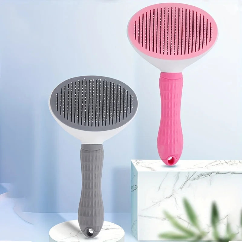 Self-cleaning pet hair removal brush for dogs and cats, pink and gray grooming slicker brush