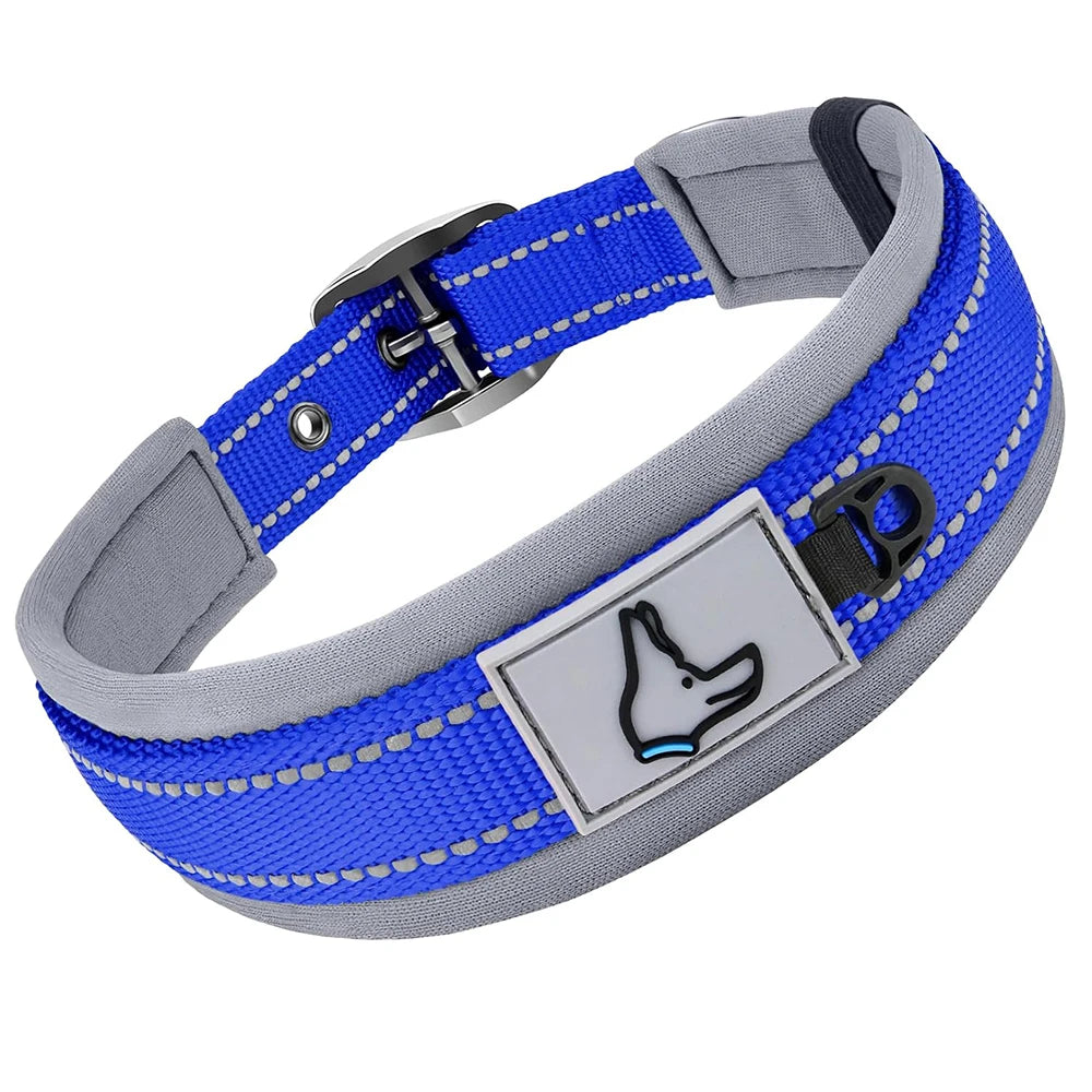 Padded Dog Collars for small Medium large Dogs Reflective Wide Pet Collars Adjustable Heavy Duty Nylon Neoprene Dog Collar in blue.