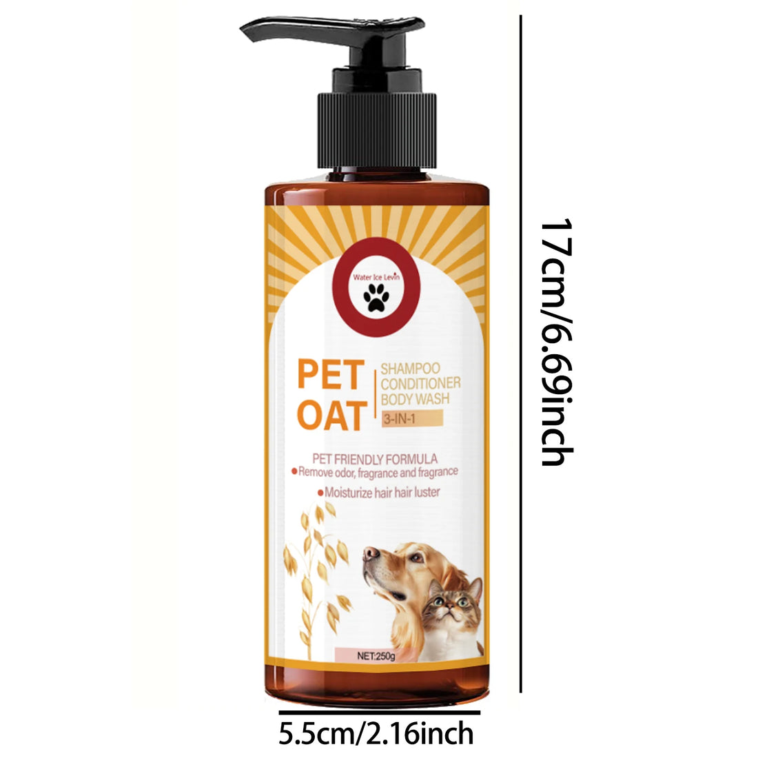 pet shampoo for dogs and cats, oat formula, odor removal, long-lasting fragrance, softens pet hair
