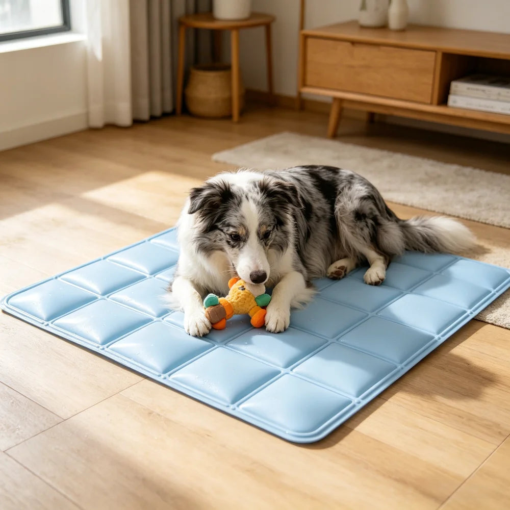cooling gel pet mat for summer, blue grid pet bed for indoor and outdoor heat relief, sleeping pad for dogs