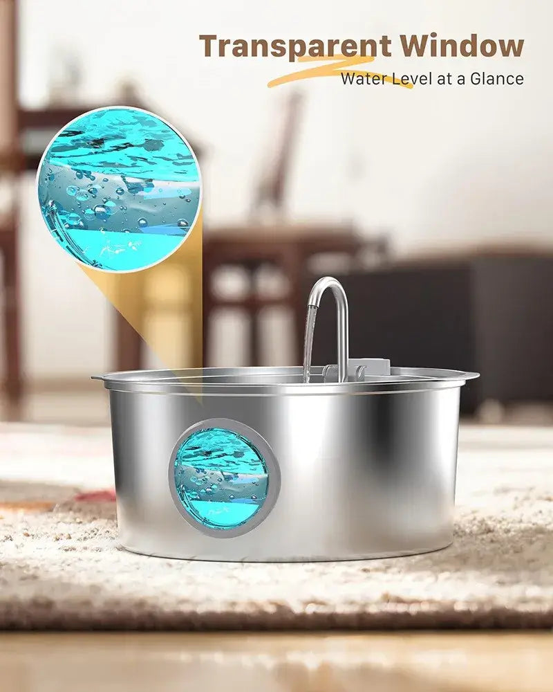 stainless steel pet water fountain with transparent water level window, 7L large capacity and quiet automatic dispenser