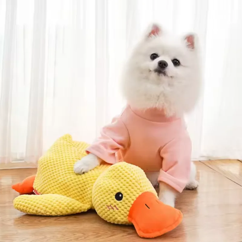 White fluffy dog in pink shirt with yellow duck plush toy, bite resistant dog plush toy for chewing and interactive play