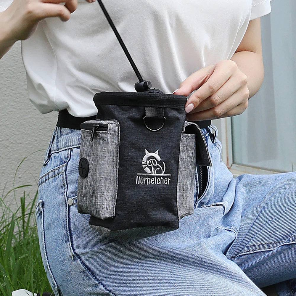 Person wearing a gray pet treat pouch with pockets, suitable for dog training outdoors