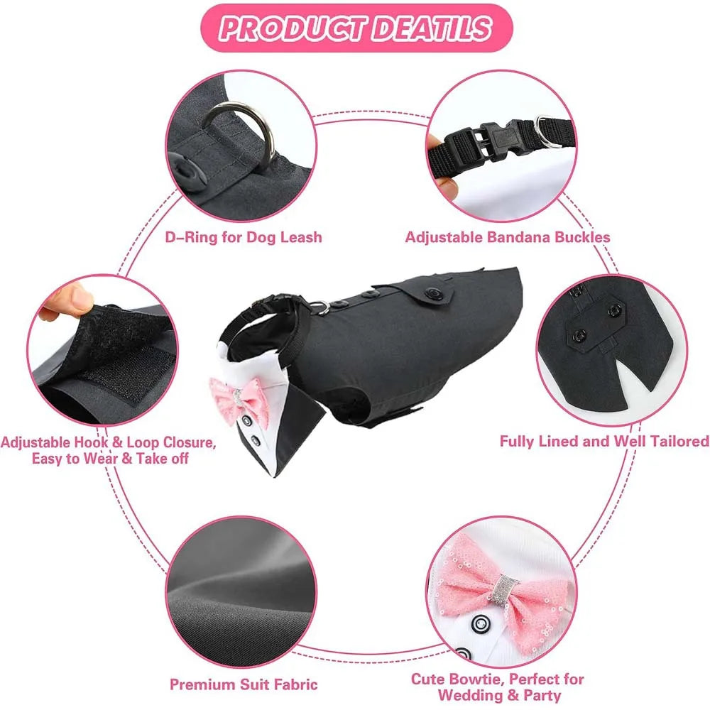Pet tuxedo outfit for dogs with adjustable bandana, D-ring leash, premium suit fabric, and pink bowtie