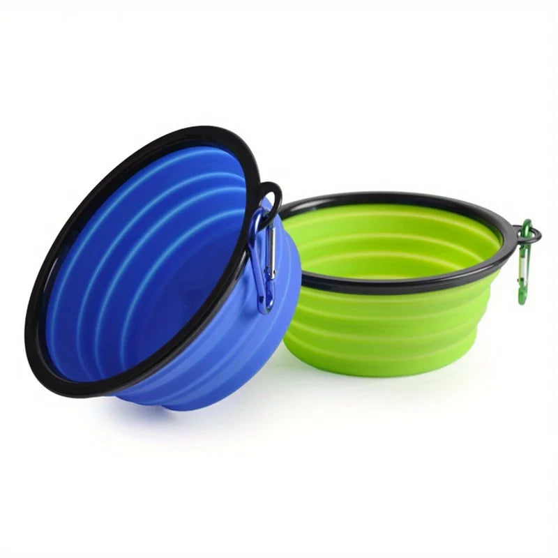 portable dog travel bowl collapsible silicone pet food and water bowl for outdoor walking, blue and green