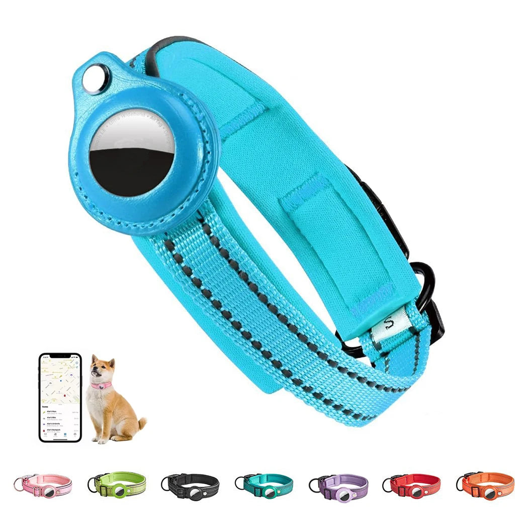 Adjustable blue dog collar with GPS tracker, multiple color options, and tracking app