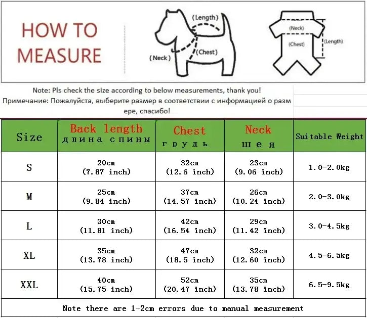 How to measure dog sizes including length, chest, and neck for accurate fitting of Thicken Warm Dog Jumpsuit Winter Pet Dogs Clothes.