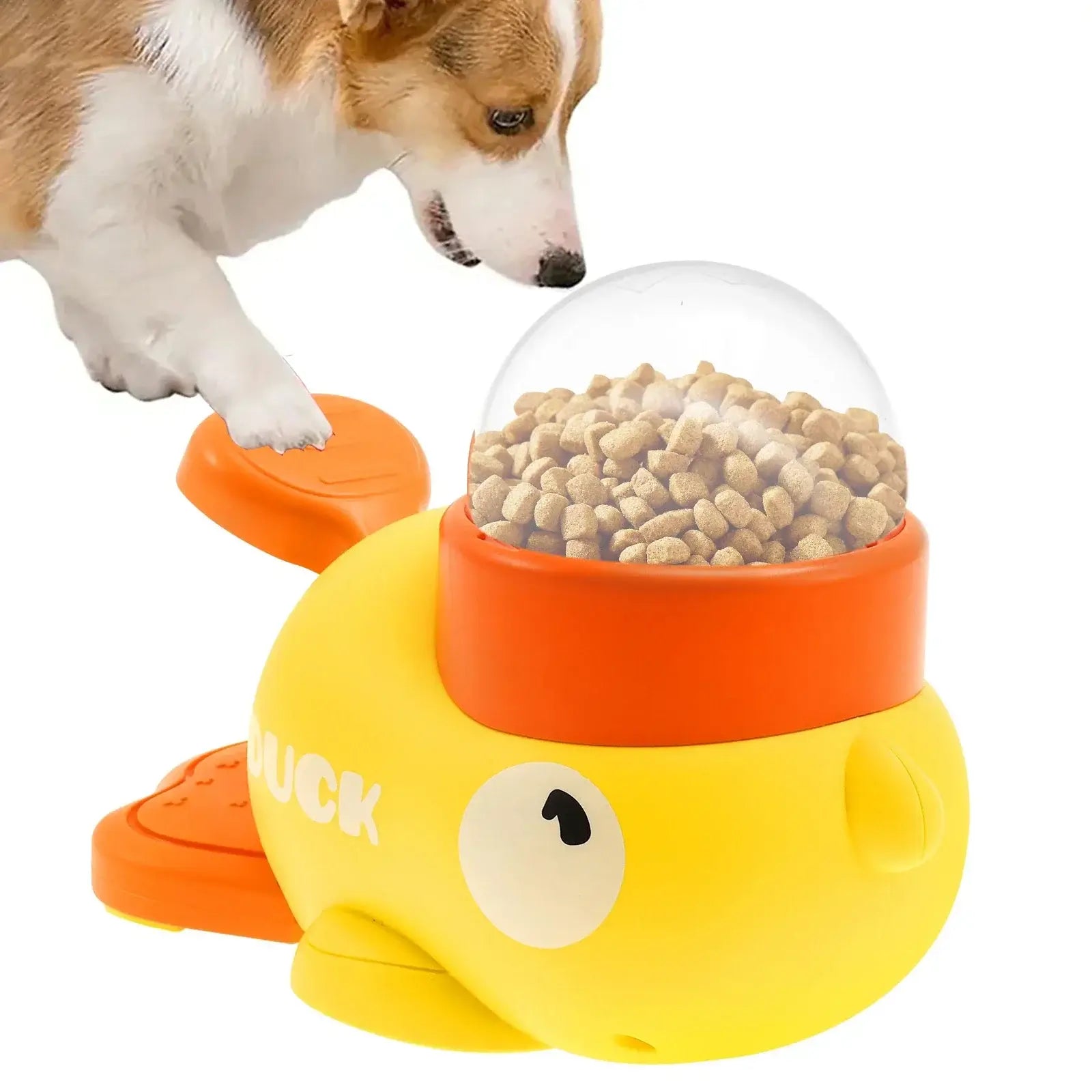 interactive slow feeder dog toy yellow duck pet food dispenser with dog pawing kibble