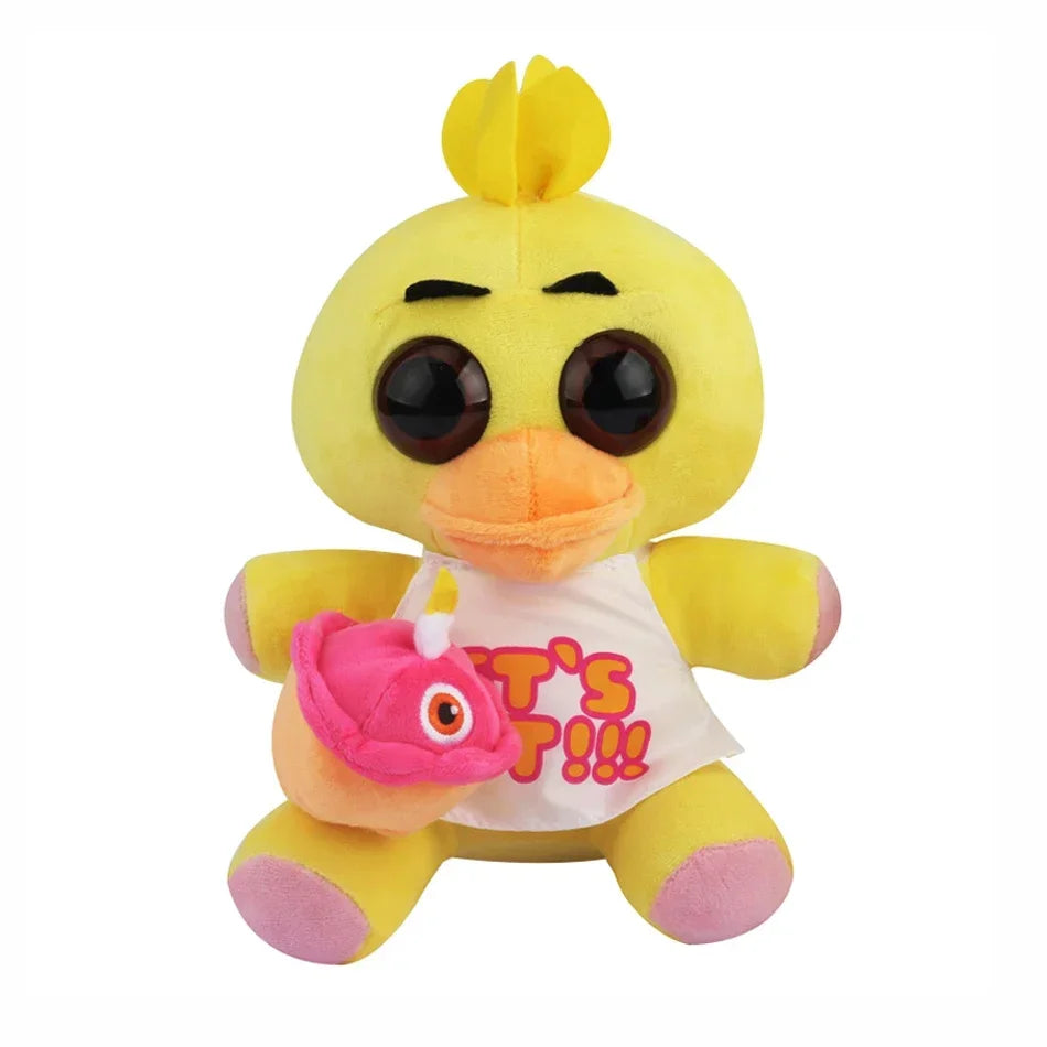FNAF Freddy plush toy yellow chick plush doll with big eyes and pink cupcake, kids gift collectible