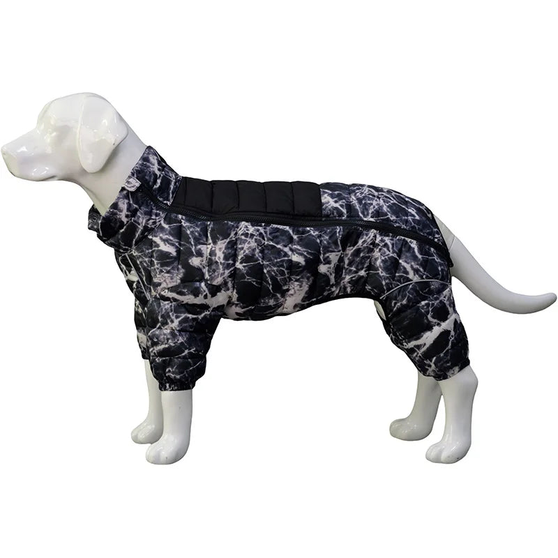 Dog mannequin wearing black and white marble-pattern dog winter jumpsuit