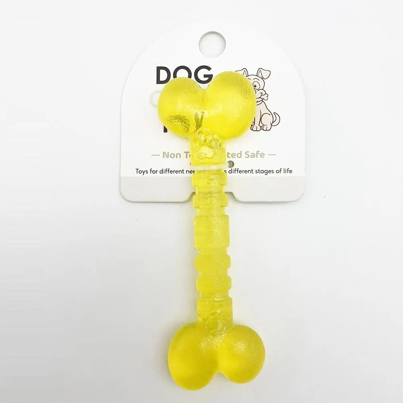 Yellow bone-shaped dog chew toy with textured surface on white background