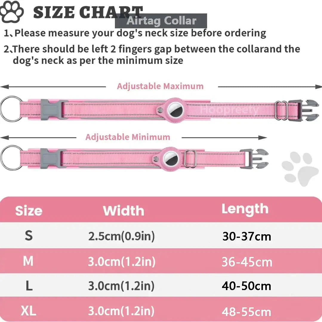 Reflective AirTag Dog Collar size chart for adjustable heavy duty collars suitable for small medium large dogs.