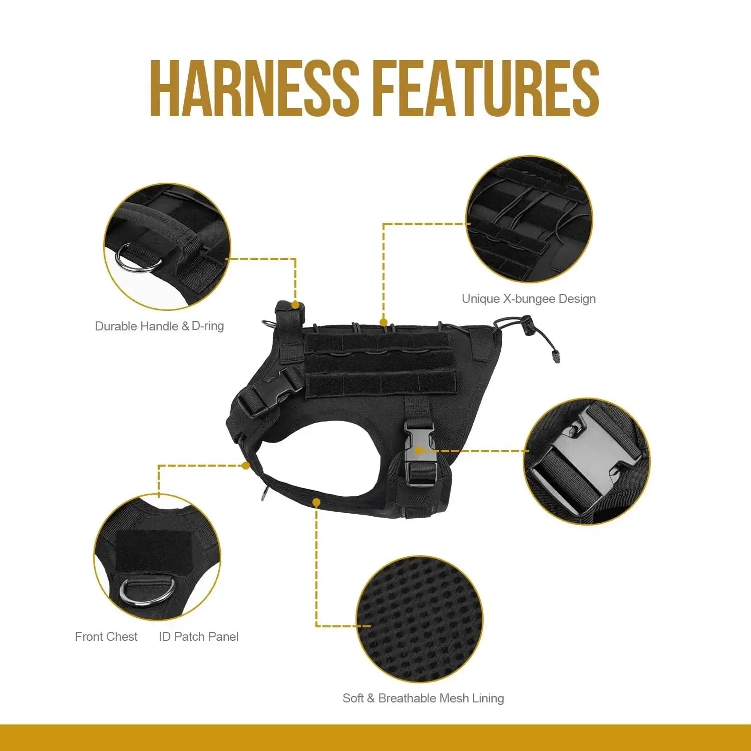 tactical dog harness with handle featuring durable D-ring, X-bungee design, ID patch panel, and breathable mesh lining