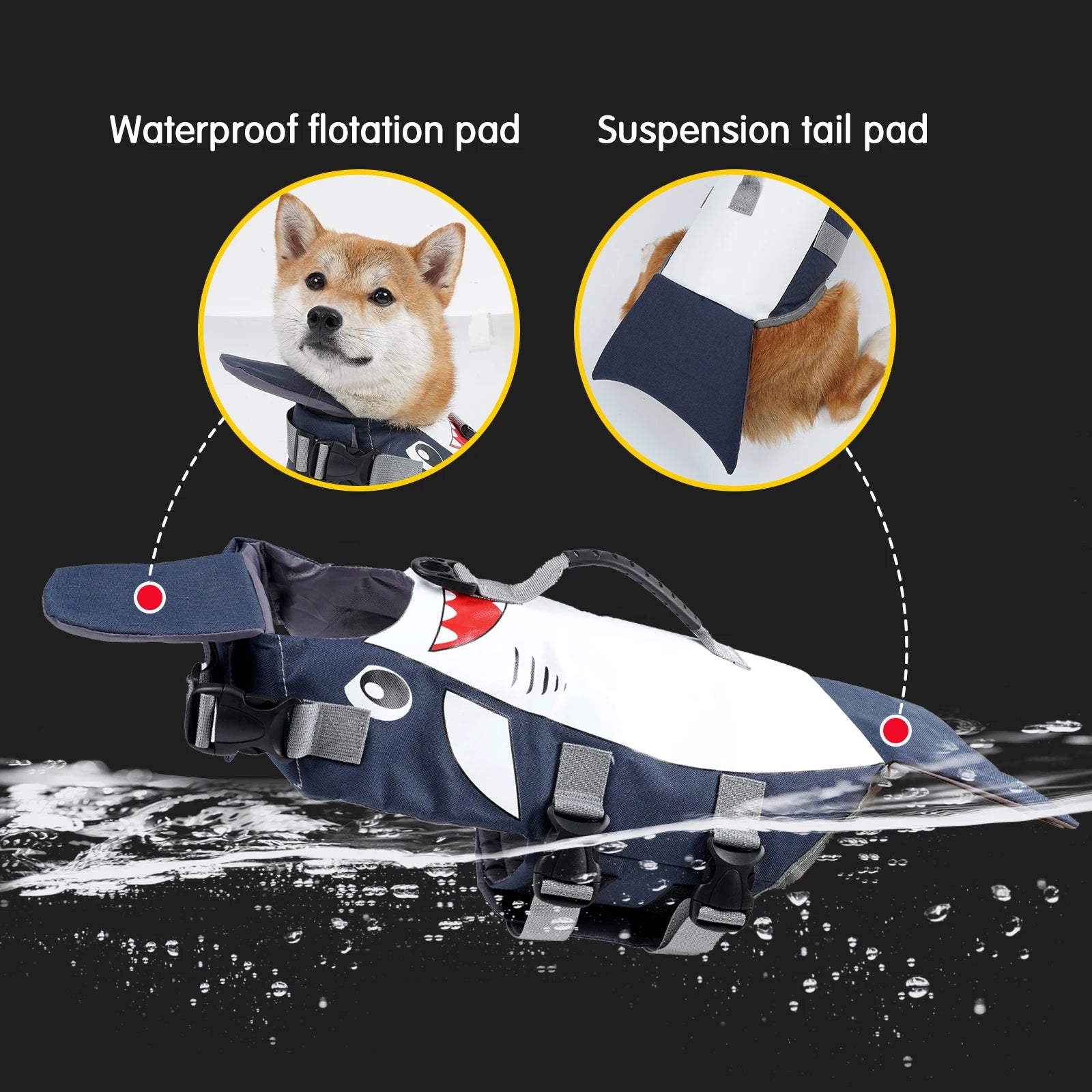 shark dog life jacket reflective flotation vest with rescue handle, waterproof pad, and tail support for swimming safety
