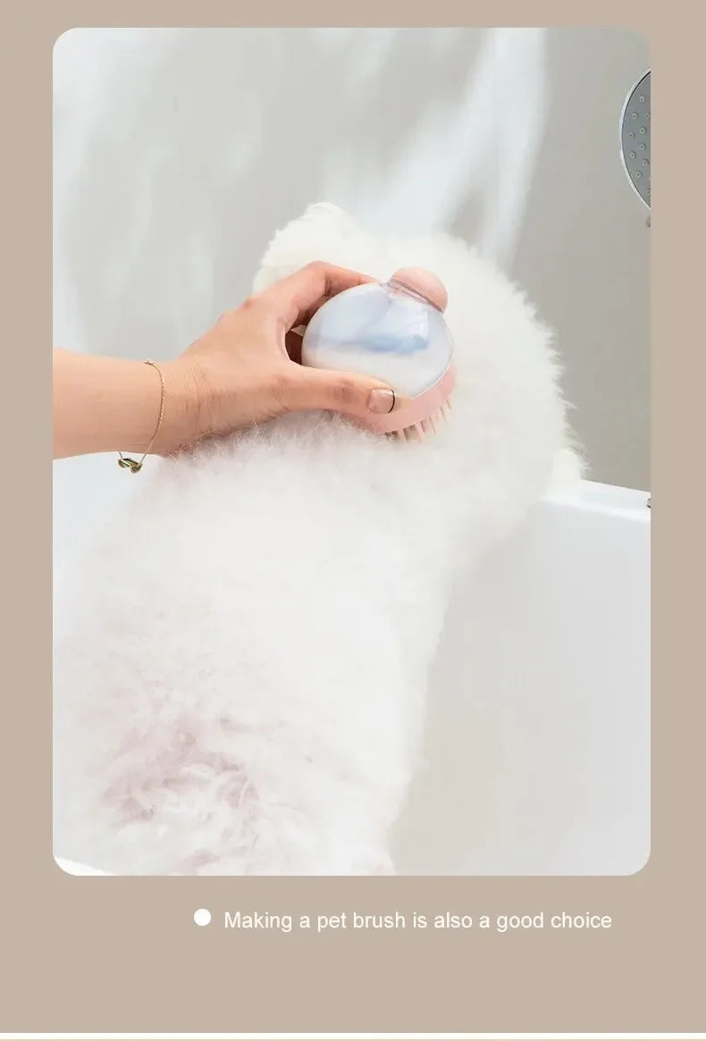 dog shower brush with shampoo dispenser for gentle pet grooming, bathing, and massage on long hair dogs and cats