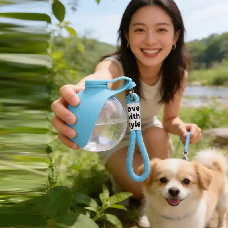 portable dog water bottle with lanyard for outdoor travel, leak-proof pet drinking fountain for dogs and cats