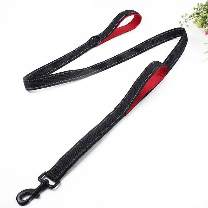 heavy duty double handle dog leash for training, outdoor travel control, black and red padded leash with safety grip