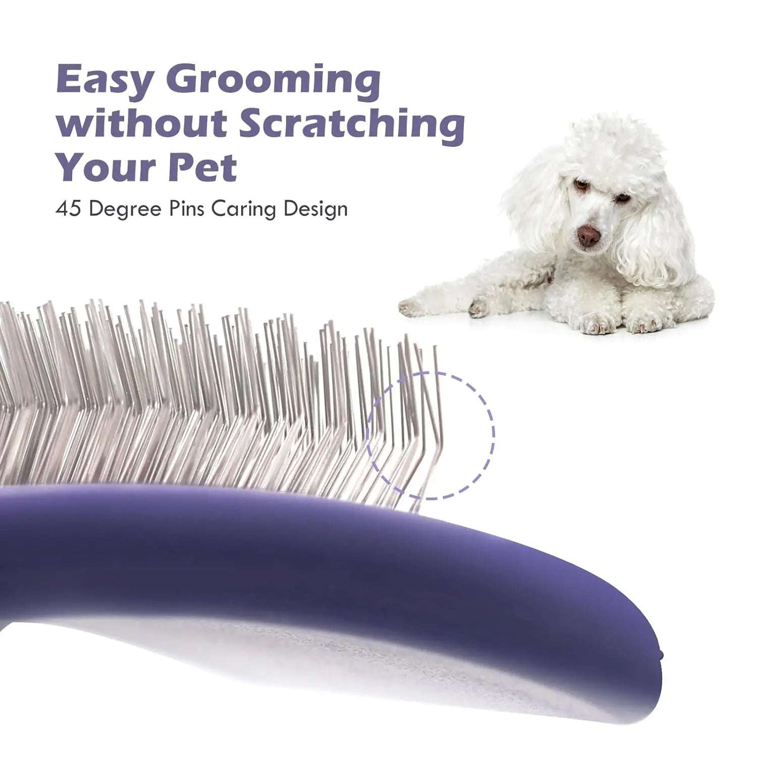dog grooming brush for poodles with 45 degree pins for easy dematting and detangling without scratching