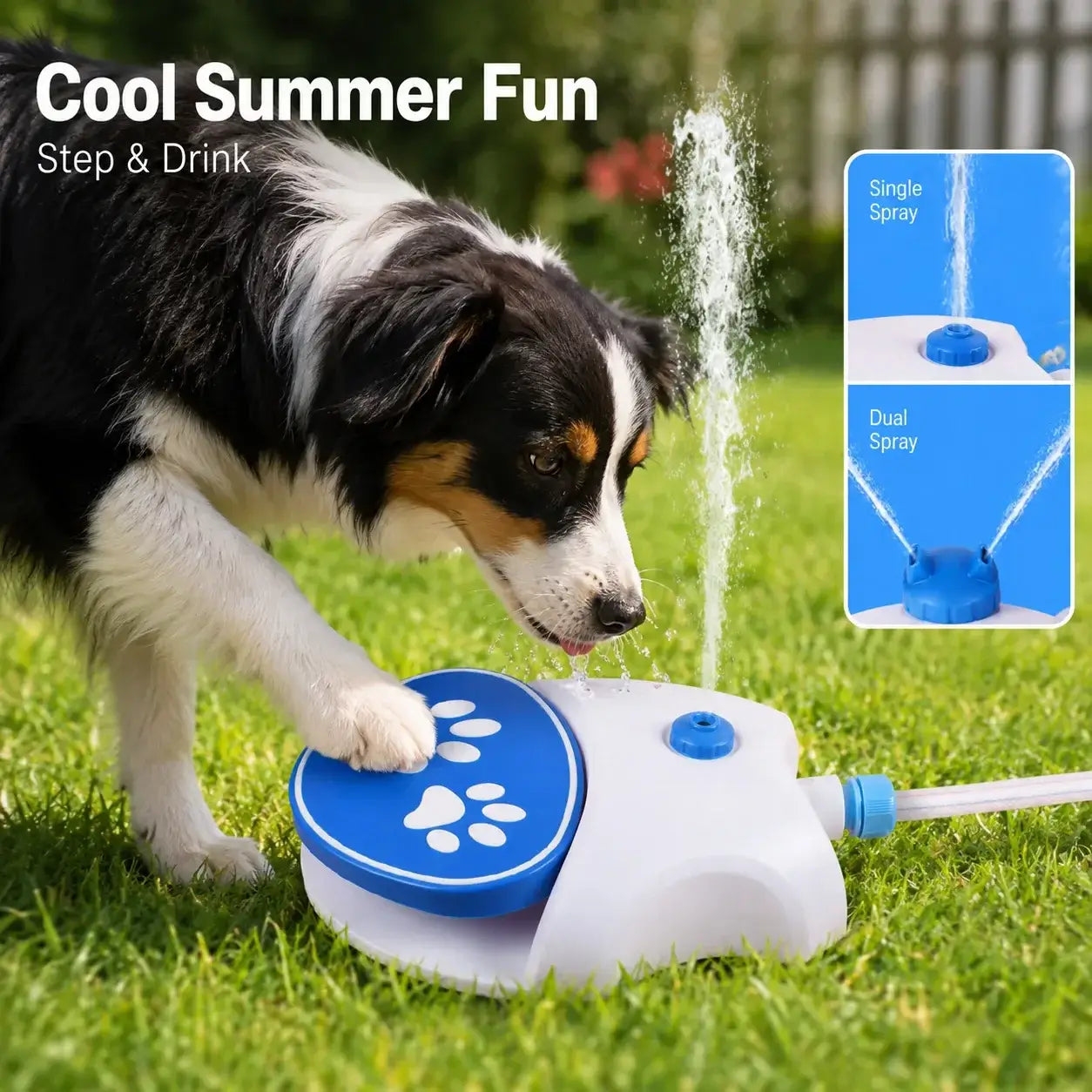 Step-on dog water fountain outdoor sprinkler for dogs with automatic hose activation, single and dual spray