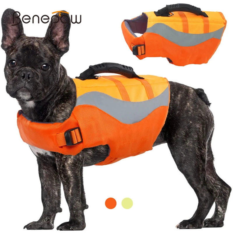 Reflective dog life jacket by Benepaw with rescue handle, leash ring, and adjustable straps for safe swimming and boating