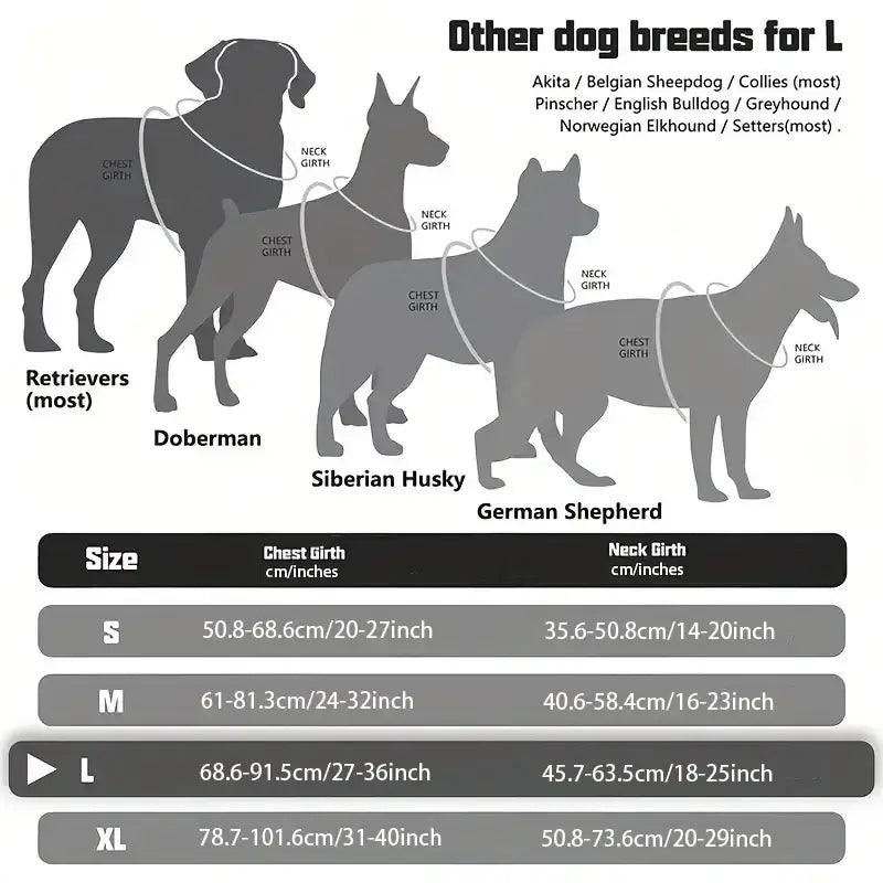 tactical dog harness with handle size chart for large dogs including chest and neck girth measurements