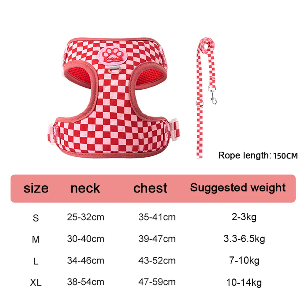plaid dog harness and leash set red checkered adjustable soft padded vest with 150cm rope for small dogs and cats