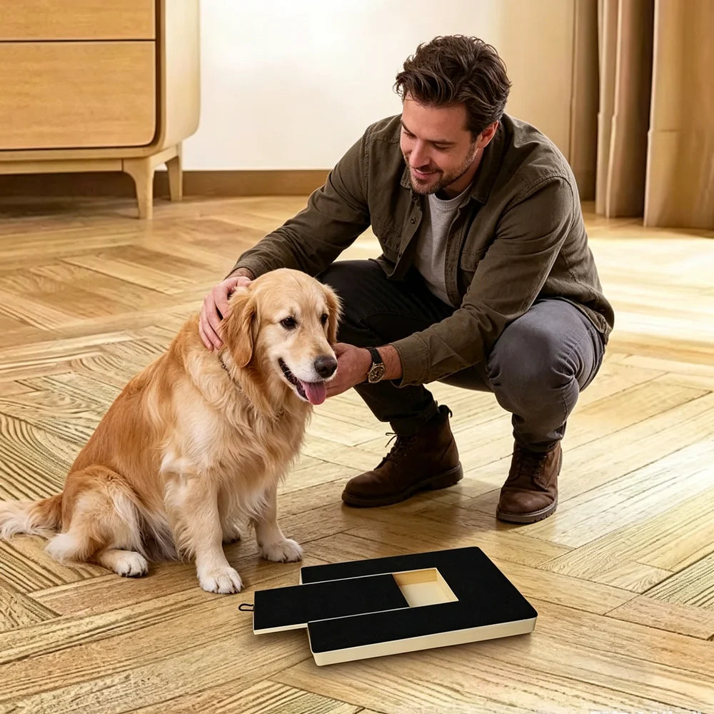 Man using dog nail scratch pad wooden pet nail trimming board with golden retriever indoors
